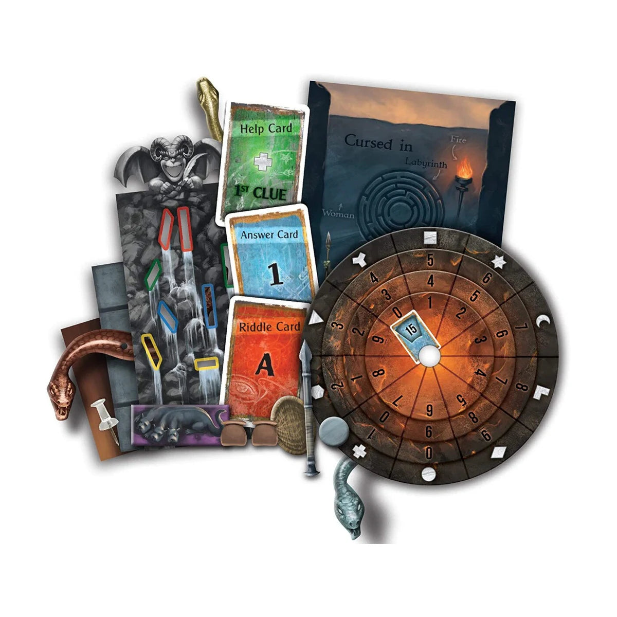 EXIT The Cursed Labyrinth escape room board game components with decoder disk, cards, book, rulebook and strange items