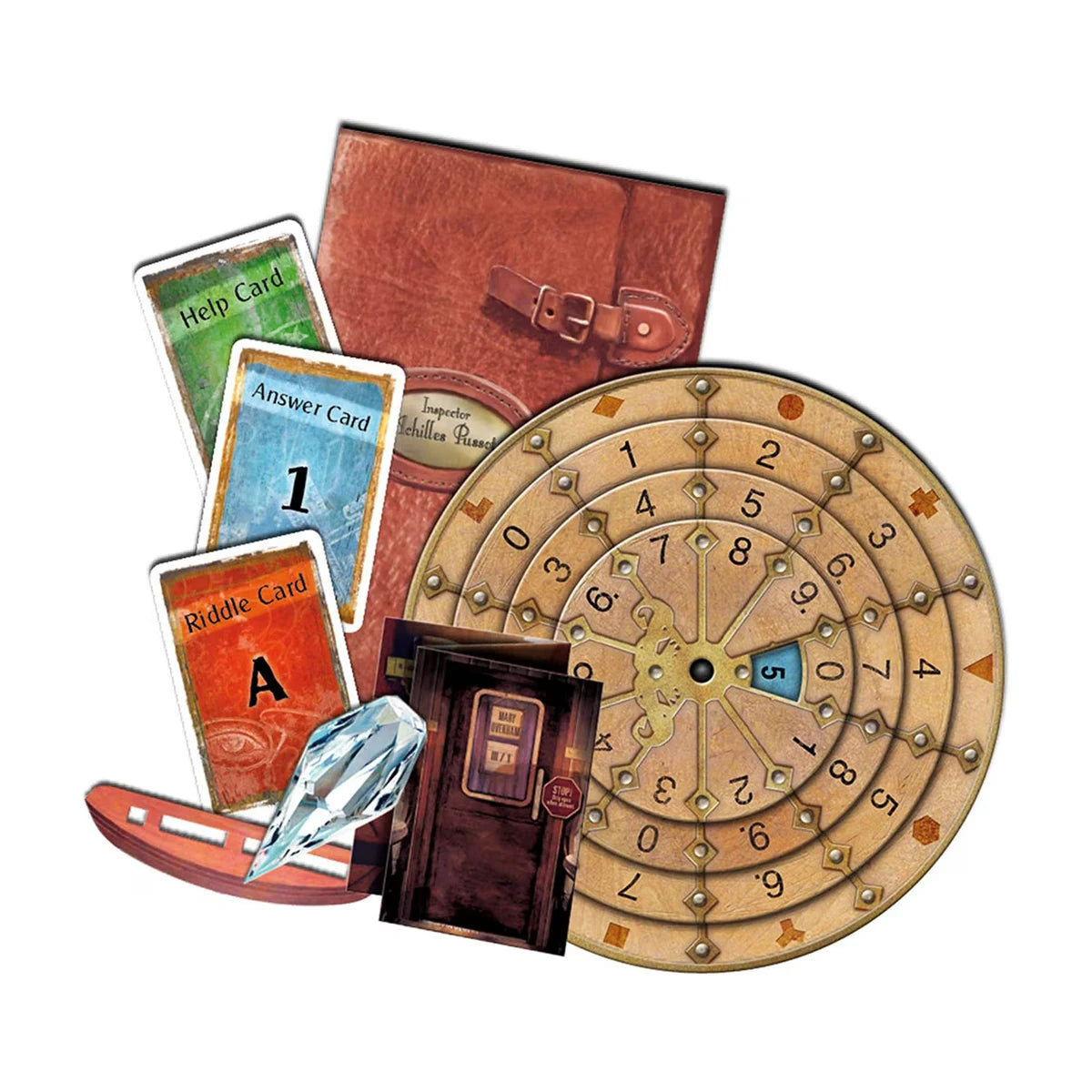 EXIT Dead Man on the Orient Express board game components with decoder disk cards and mystery items