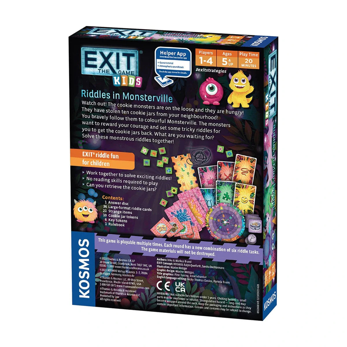 EXIT Kids Riddles in Monsterville box back showing replayable picture riddles and game contents