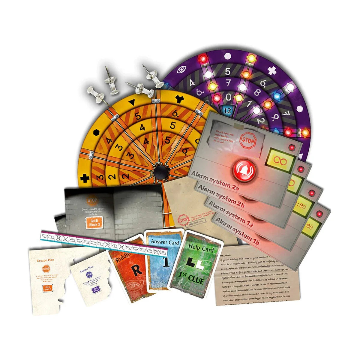 EXIT Prison Break board game components with decoder disks, cards, sheets and escape room puzzle pieces