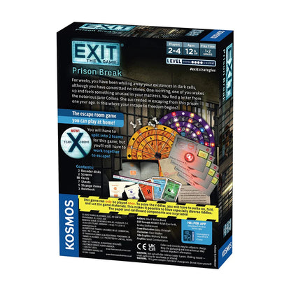 Back of EXIT Prison Break escape room board game showing contents, story and cooperative prison escape challenge