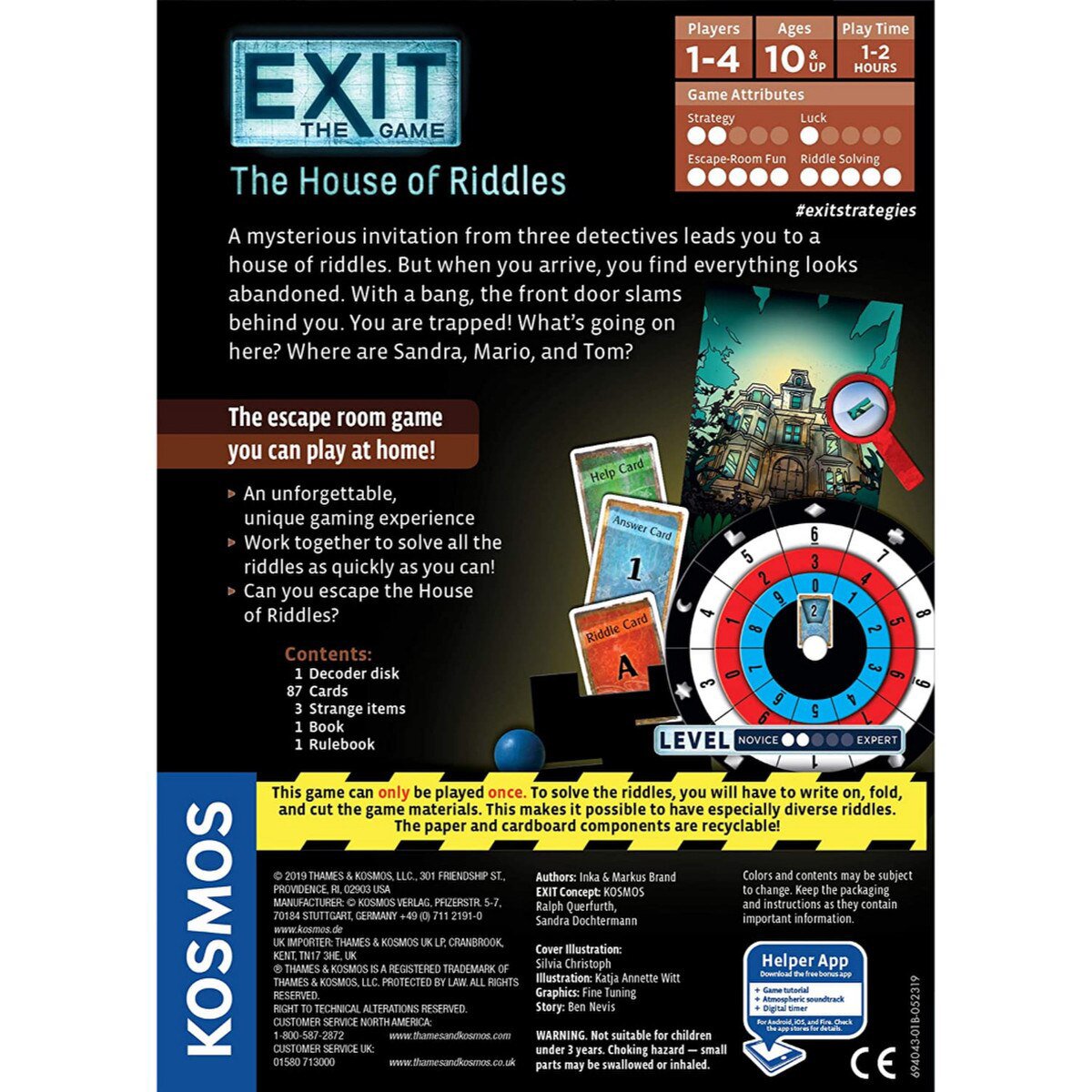 EXIT The House of Riddles KOSMOS box back showing cooperative escape room gameplay components and difficulty level