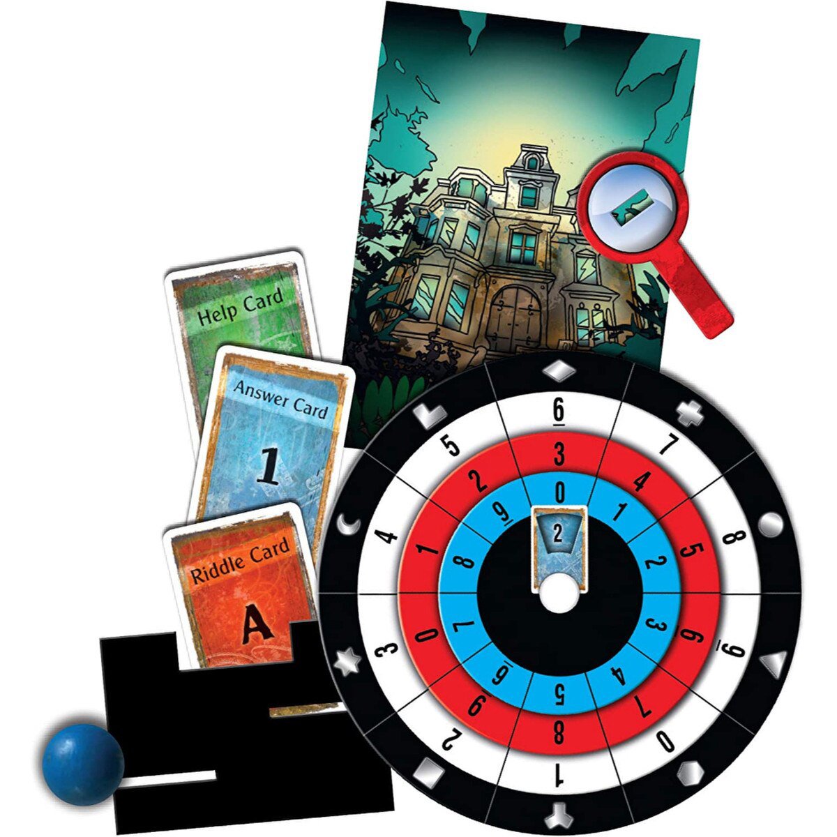 EXIT The House of Riddles game components with decoder disk Riddle Card Answer Card Help Card and mystery items