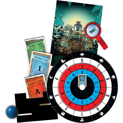 EXIT The House of Riddles game components with decoder disk Riddle Card Answer Card Help Card and mystery items