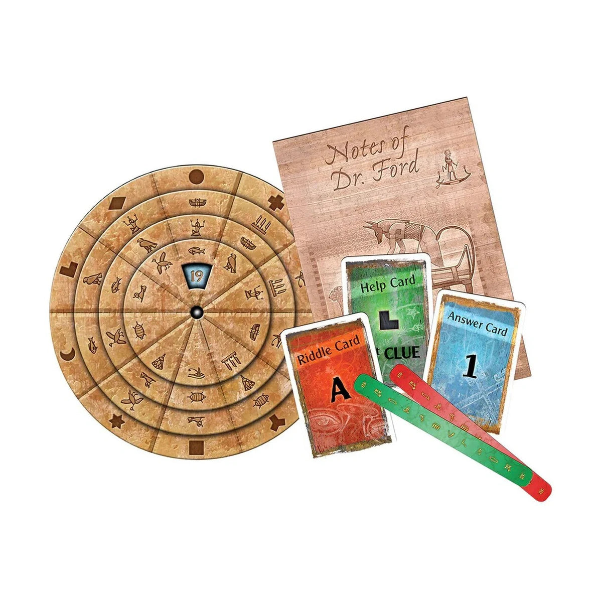 EXIT The Pharaoh's Tomb game components with decoder disk Riddle Card Answer Card Help Card and Dr Ford notebook