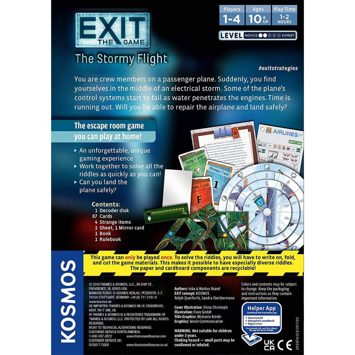 EXIT The Stormy Flight KOSMOS box back showing escape room gameplay components player count age and difficulty level