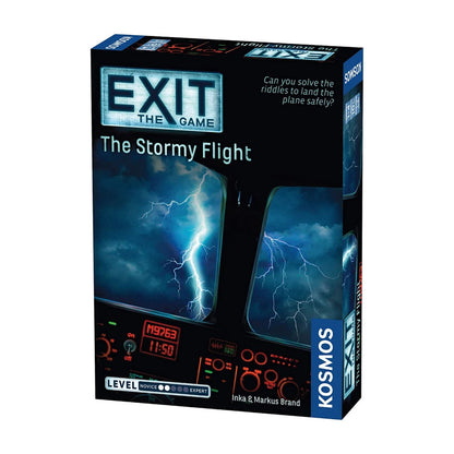 EXIT The Game The Stormy Flight cooperative escape room game box by KOSMOS with lightning storm over airplane cockpit