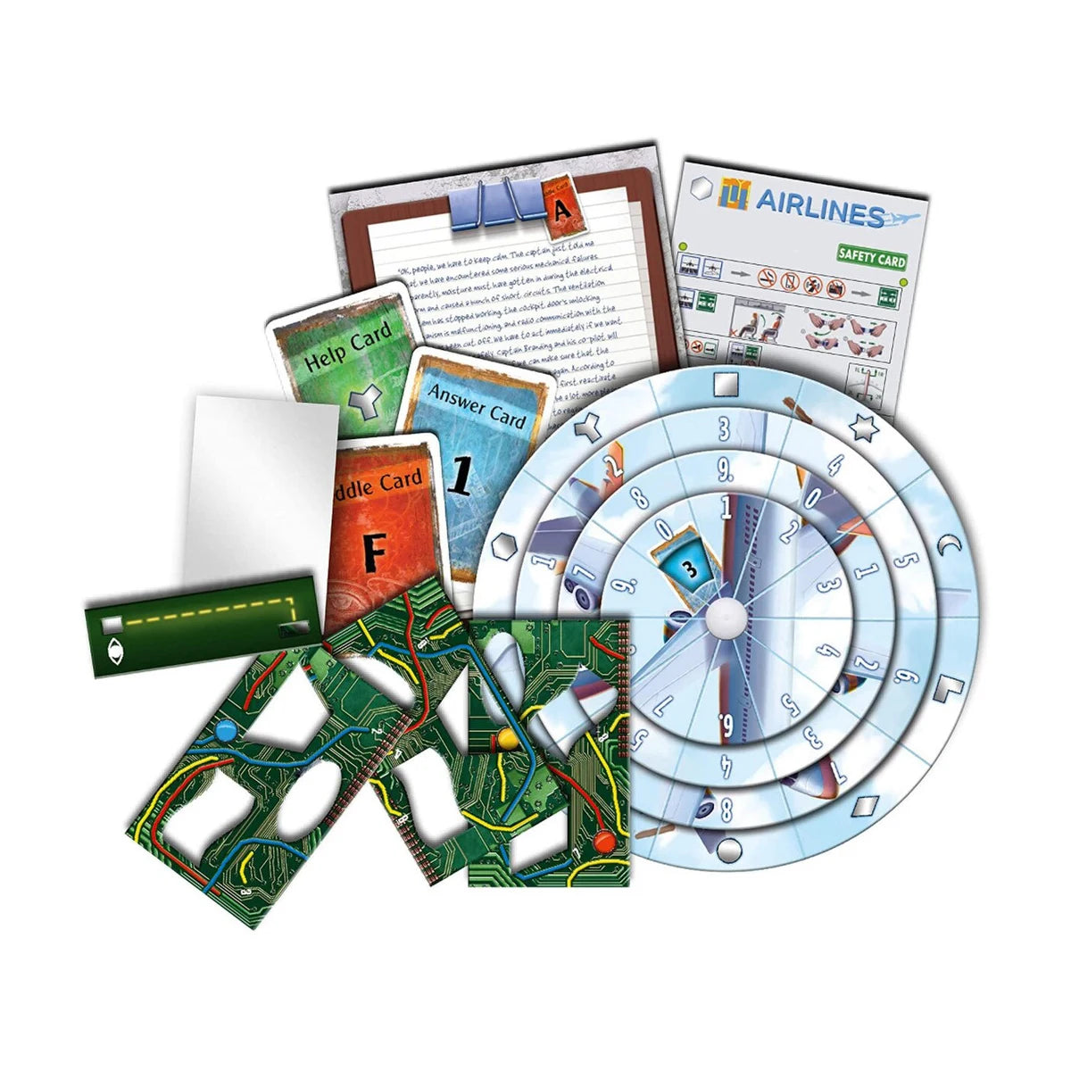 EXIT The Stormy Flight escape room game components with decoder disk Riddle Cards Answer Cards Help Cards and circuit boards