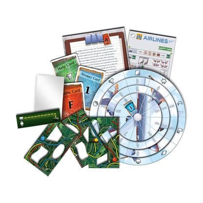 EXIT The Stormy Flight escape room game components with decoder disk Riddle Cards Answer Cards Help Cards and circuit boards