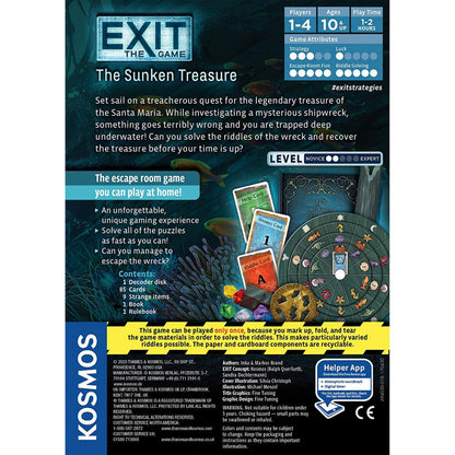 EXIT The Sunken Treasure KOSMOS box back showing underwater escape room gameplay details components and difficulty level