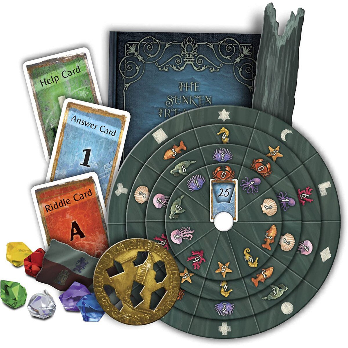 EXIT The Sunken Treasure game components with decoder disk Riddle Card Answer Card Help Card gemstones and treasure items