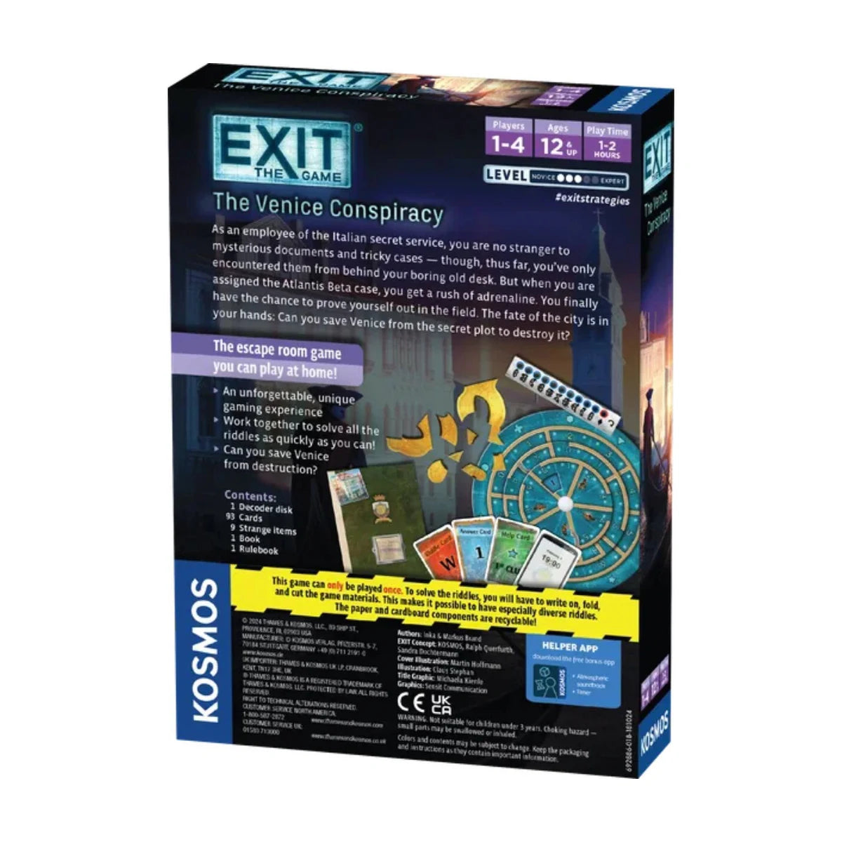 EXIT The Venice Conspiracy KOSMOS box back showing escape room game details components and player information