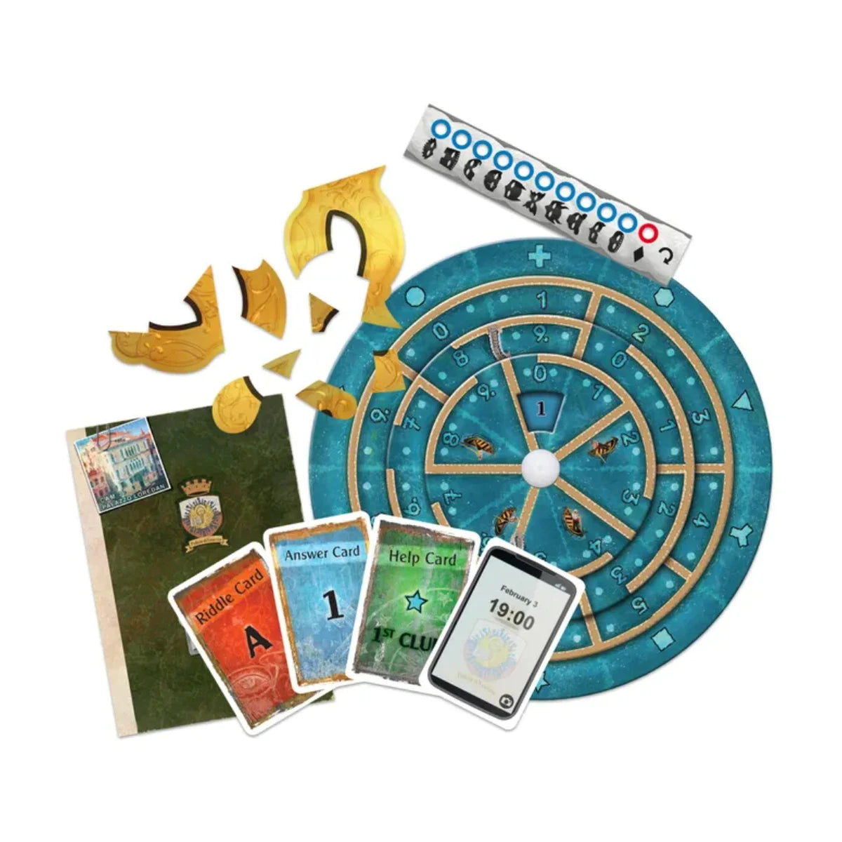 EXIT The Venice Conspiracy game components with decoder disk Riddle Cards Help Cards cell phone card and secret file
