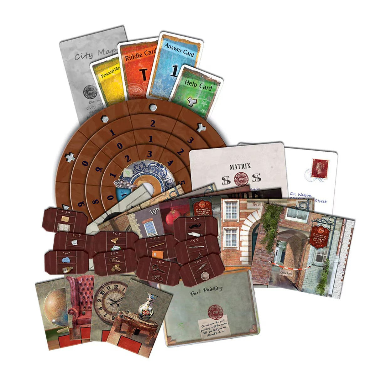 EXIT The Disappearance of Sherlock Holmes game components evidence cards and decoder disk