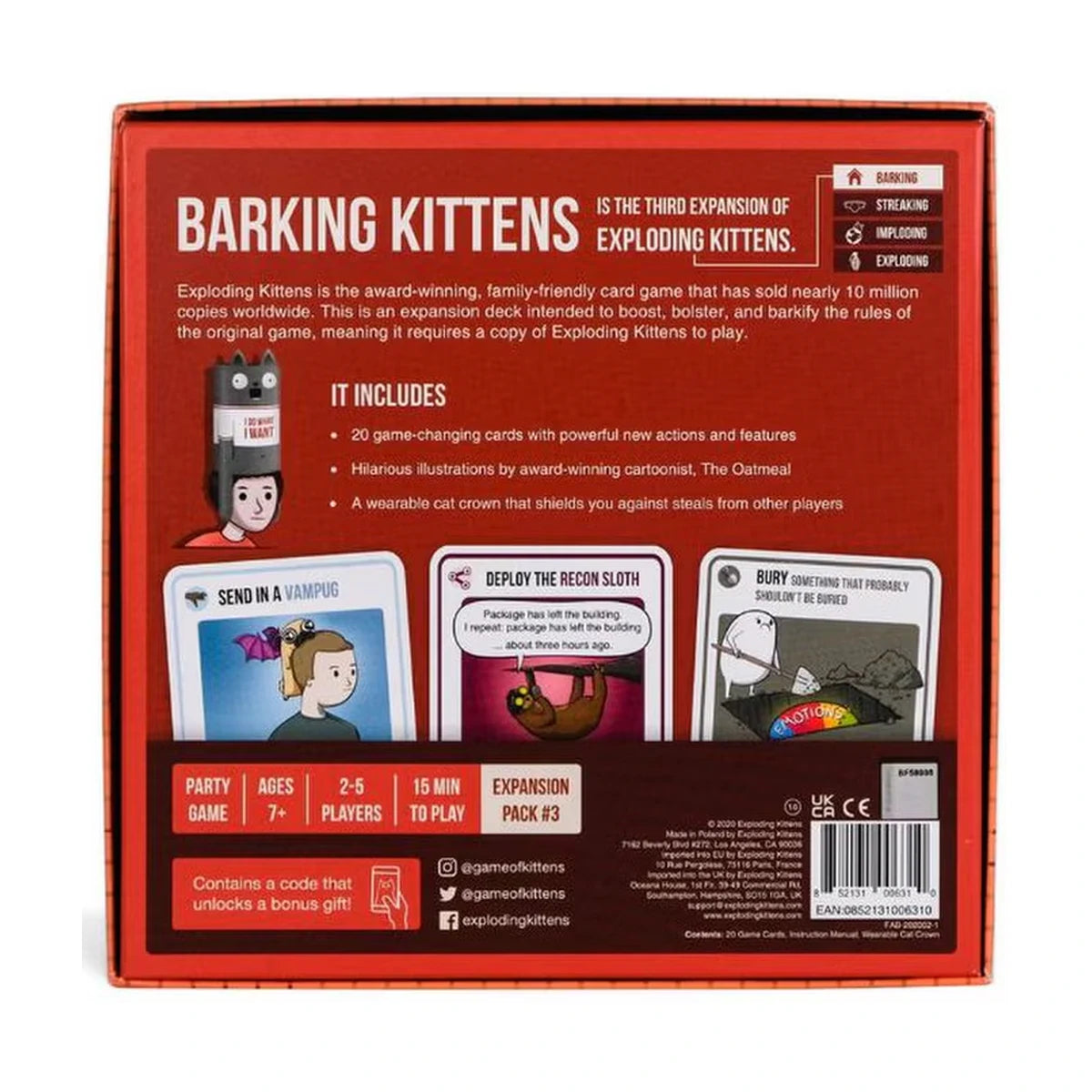 Back of Exploding Kittens Barking Kittens expansion pack showing contents and details
