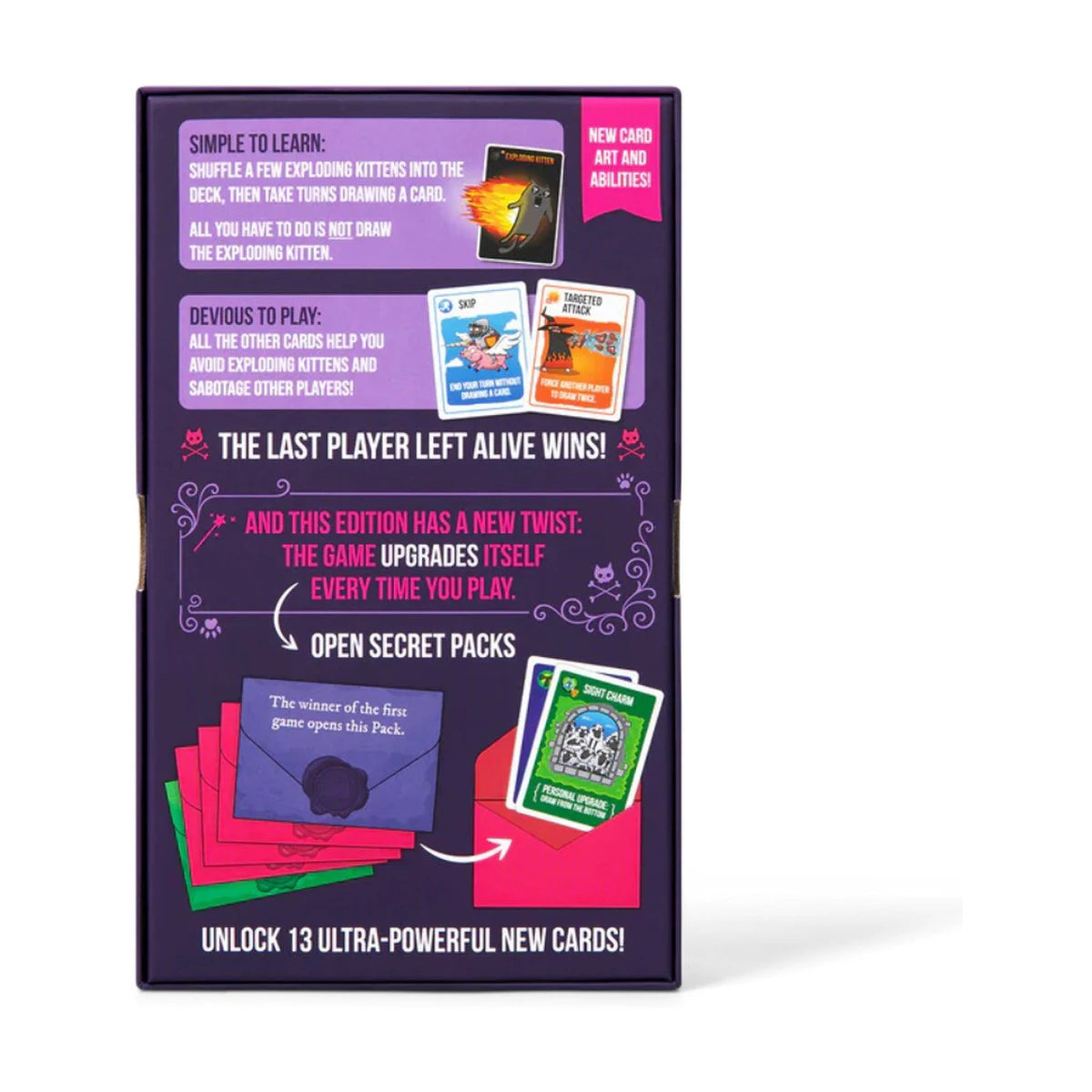 Back of Exploding Kittens Curse You box showing gameplay, secret packs and new card abilities