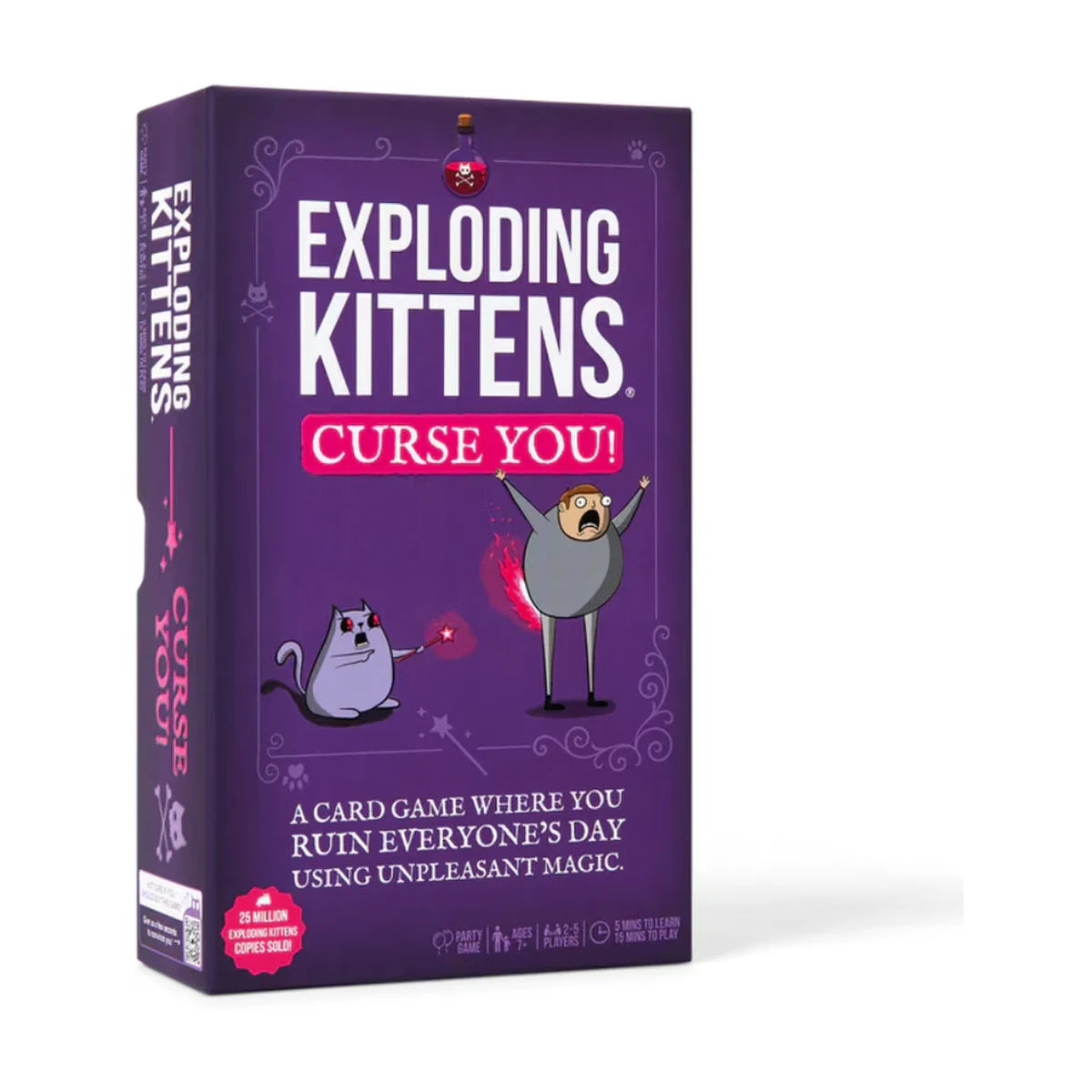Exploding Kittens Curse You card game box with purple artwork and magical cat characters