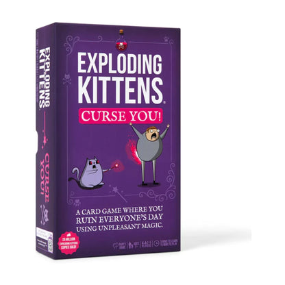 Exploding Kittens Curse You card game box with purple artwork and magical cat characters