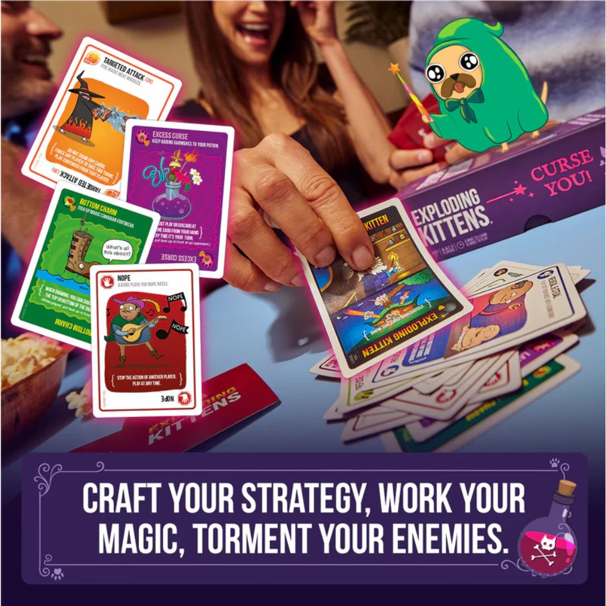 Exploding Kittens Curse You gameplay showing action cards and players using cards at the table