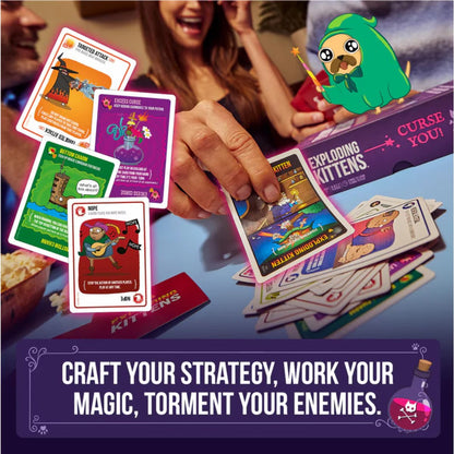 Exploding Kittens Curse You gameplay showing action cards and players using cards at the table