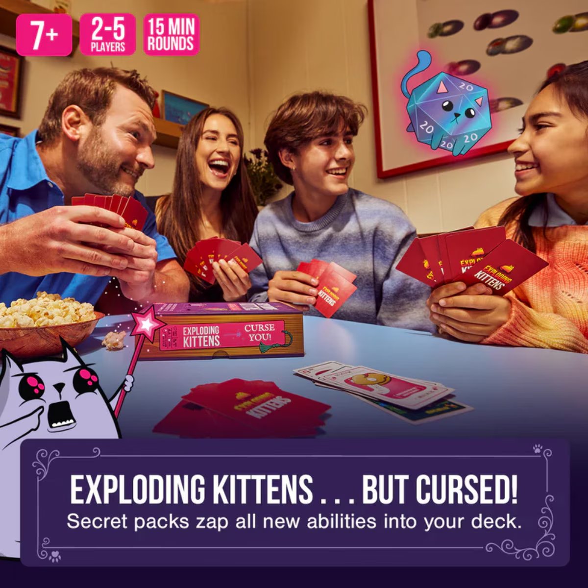 Four people playing Exploding Kittens Curse You during a family game night
