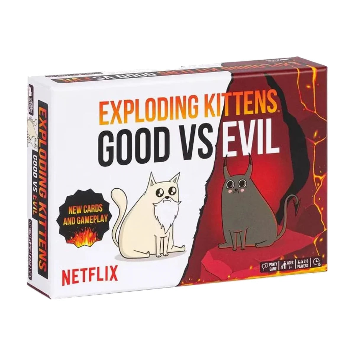 Exploding Kittens Good vs Evil card game box with Godcat and Devilcat artwork