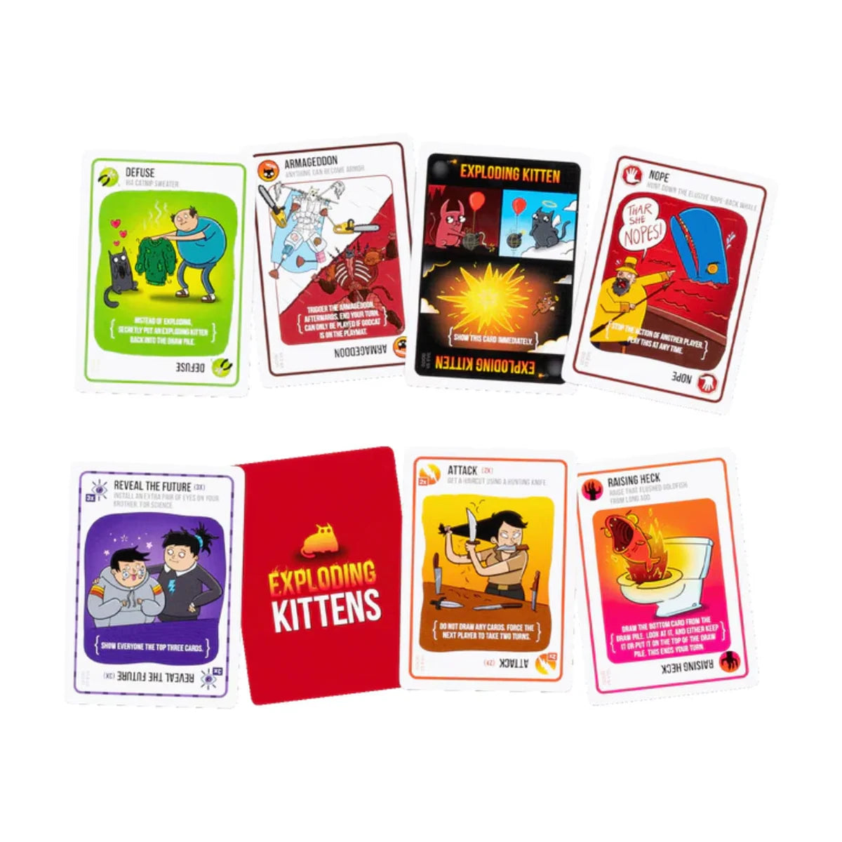 Exploding Kittens Good vs Evil playing cards showing Defuse, Attack, Nope and Exploding Kitten cards