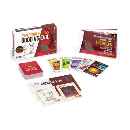 Exploding Kittens Good vs Evil contents showing cards, playmat, rule sheet and game box