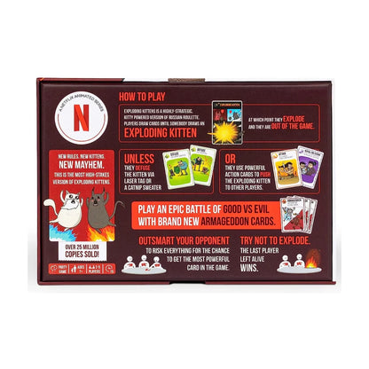 Back of Exploding Kittens Good vs Evil box showing how to play and game details