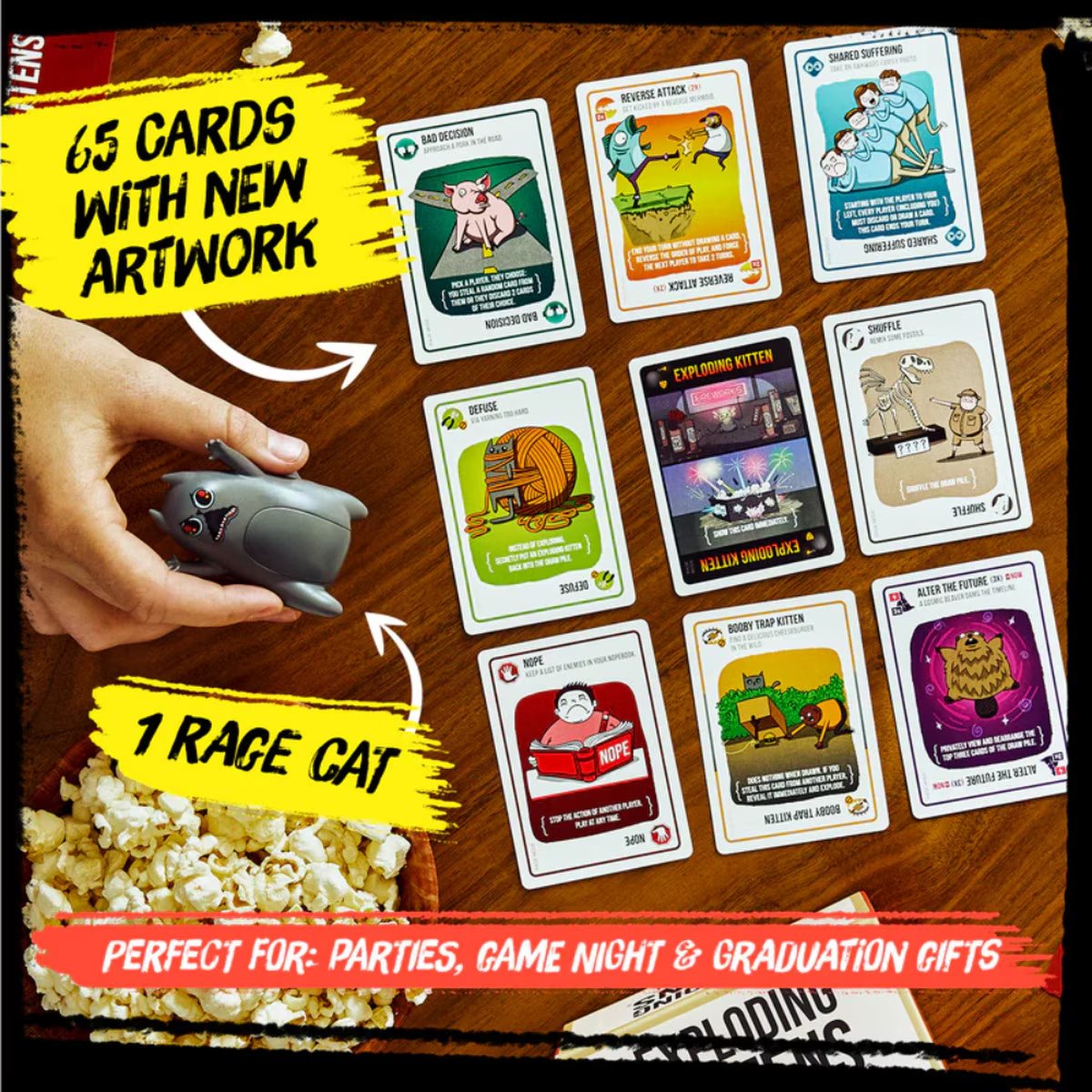 Exploding Kittens Rage Mode 65-card deck and Rage Cat game piece