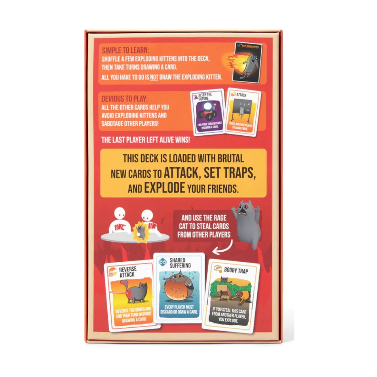 Back of Exploding Kittens Rage Mode box showing gameplay, cards and Rage Cat features