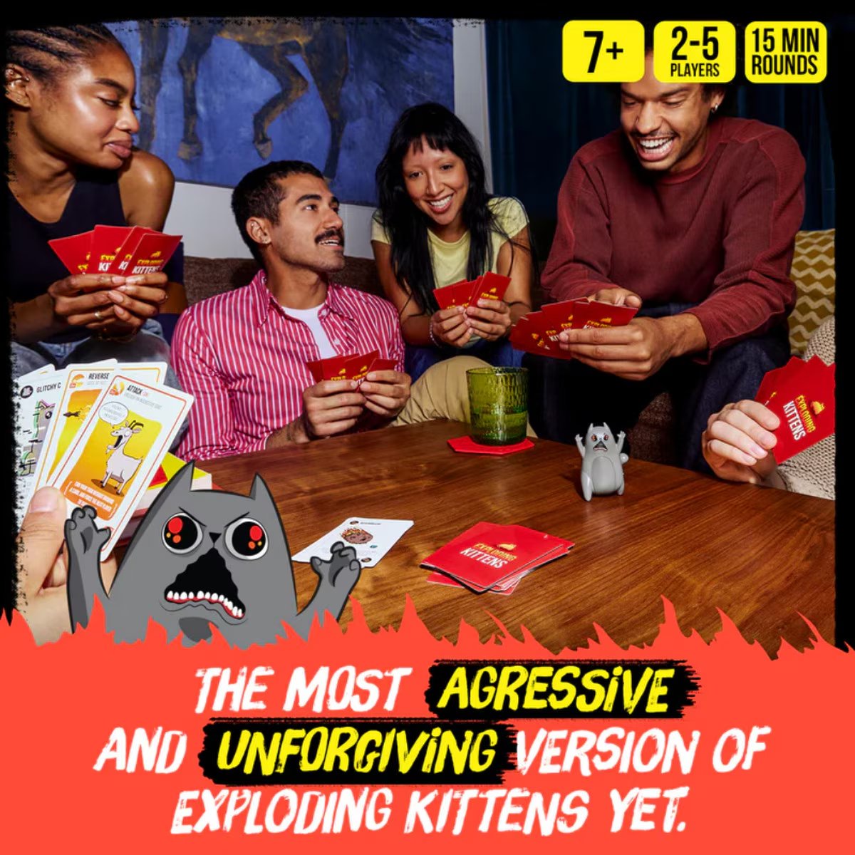 Friends playing Exploding Kittens Rage Mode card game with the Rage Cat