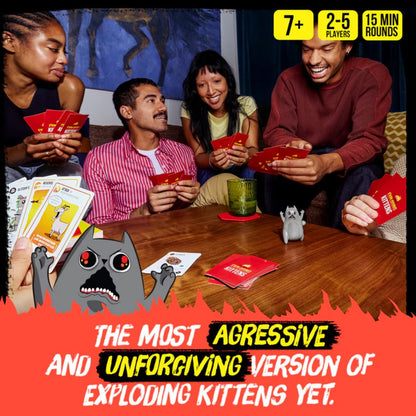 Friends playing Exploding Kittens Rage Mode card game with the Rage Cat