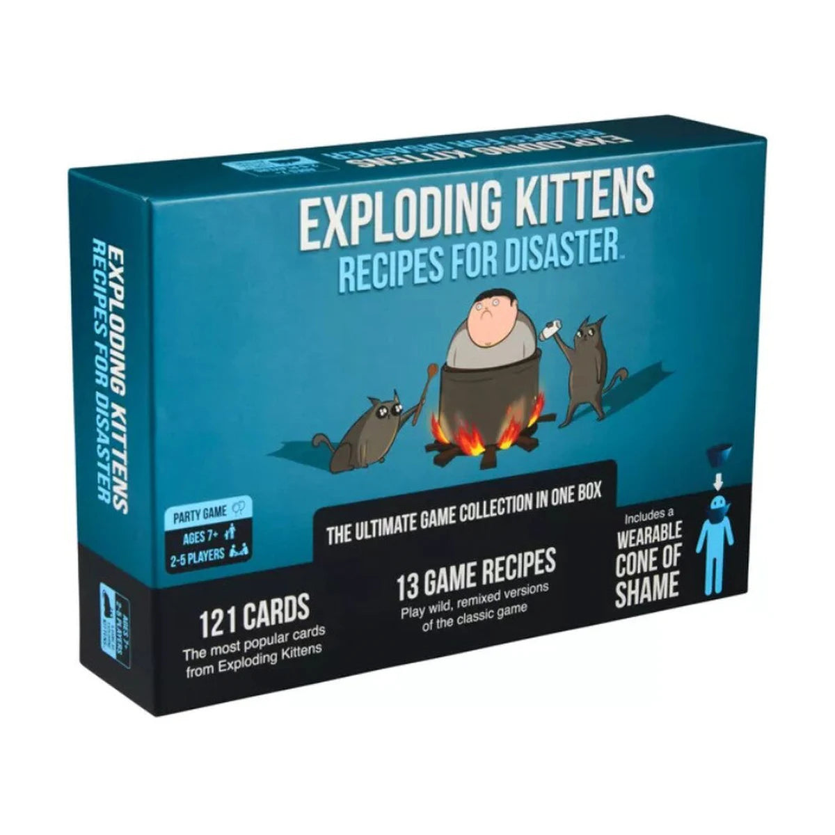 Angled box of Exploding Kittens Recipes for Disaster card game