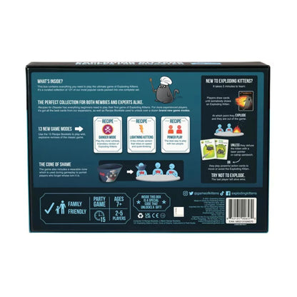 Back of Exploding Kittens Recipes for Disaster box showing game modes and details
