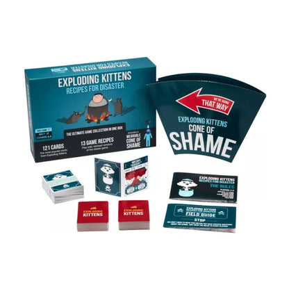 Exploding Kittens Recipes for Disaster contents with cards, rules, and Cone of Shame