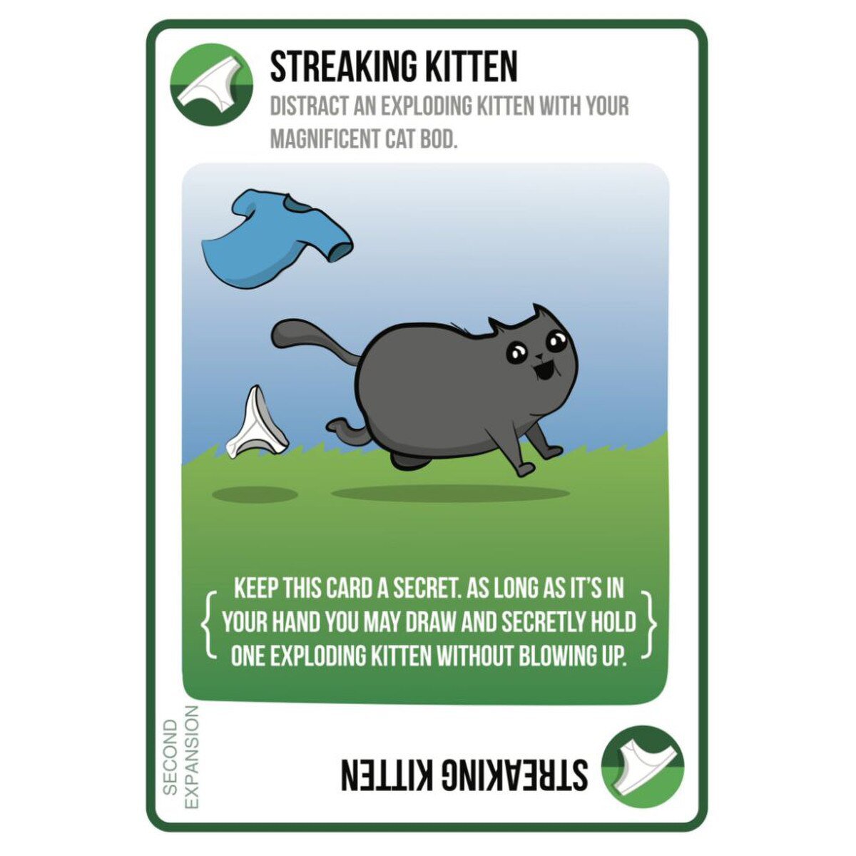 Close-up of the Streaking Kitten card from the Exploding Kittens expansion