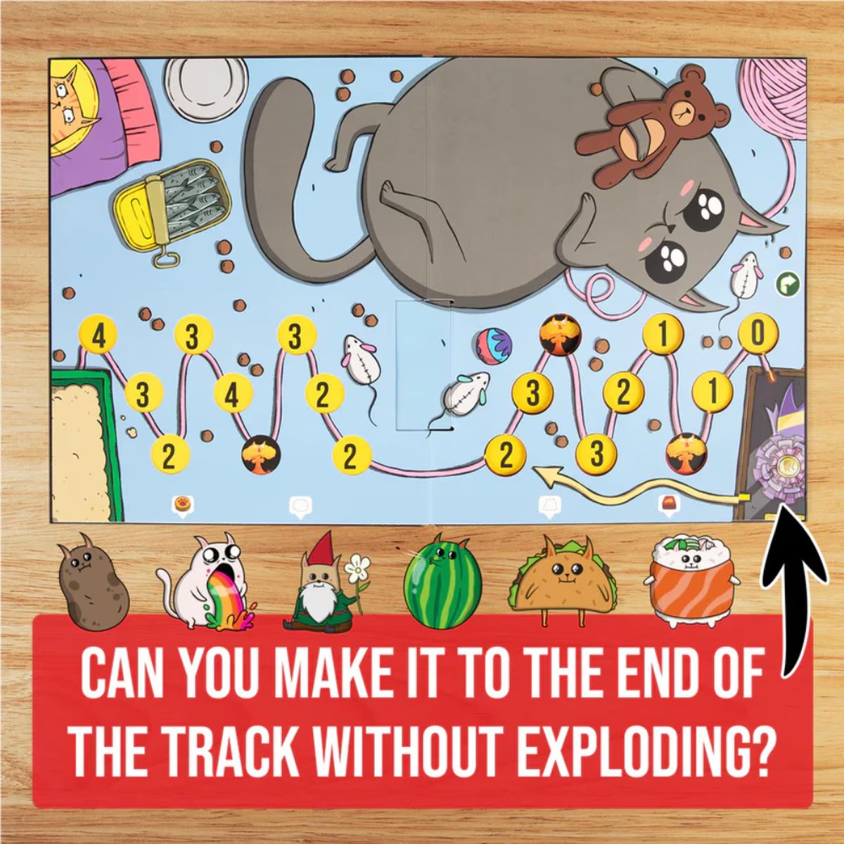 Exploding Kittens The Board Game board track showing the Calm Mode side with character spaces and route to the finish.