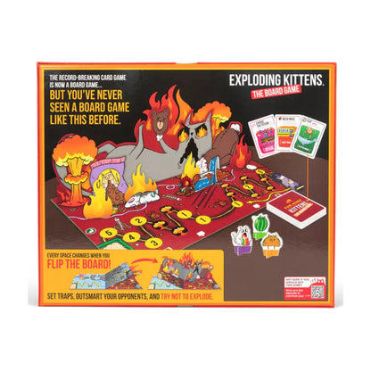 Back of Exploding Kittens The Board Game box showing the flipping board, action cards, and gameplay details.