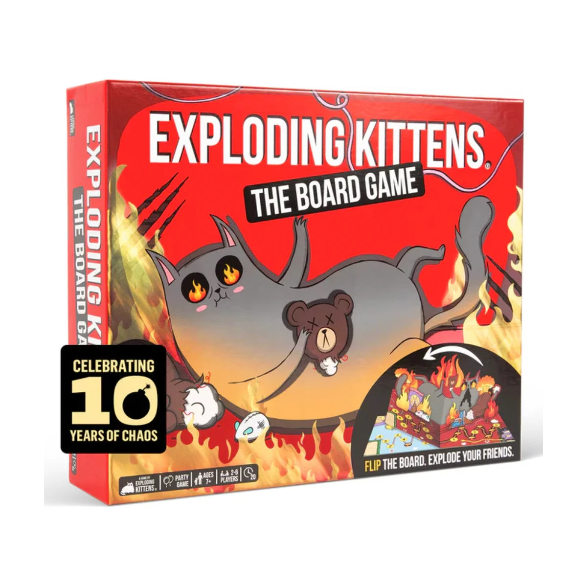 Exploding Kittens The Board Game front box showing the red box artwork and 3D pop-up board preview.