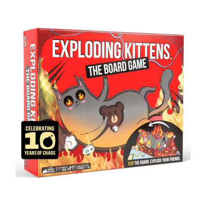 Exploding Kittens The Board Game front box showing the red box artwork and 3D pop-up board preview.