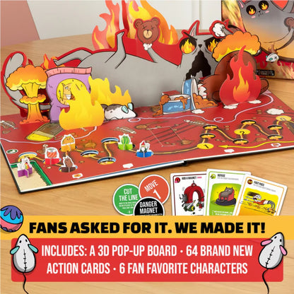 Exploding Kittens The Board Game 3D pop-up board with character pieces, action cards, and game components.