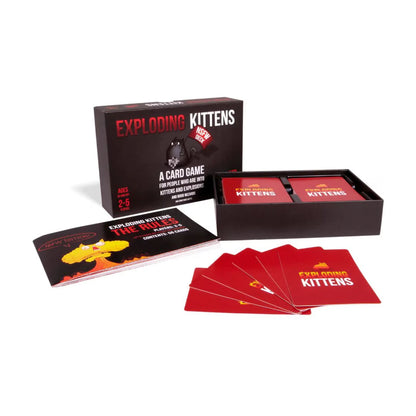 Exploding Kittens NSFW Edition card game open box with cards and rulebook