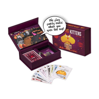 Exploding Kittens Party Pack open box with cards and game contents