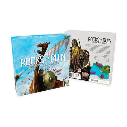 Explorers of the North Sea Rocks of Ruin expansion box front and back with game components shown