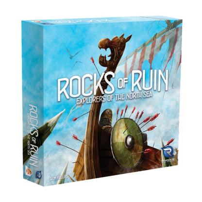 Explorers of the North Sea Rocks of Ruin expansion box featuring a Viking longship under attack