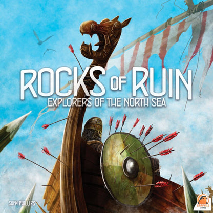 Explorers of the North Sea Rocks of Ruin expansion front cover showing a Viking longship and shield
