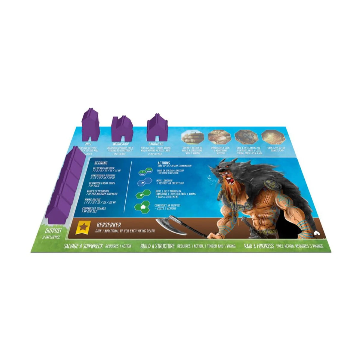 Rocks of Ruin expansion tiles with Viking longship, structures, outposts and Fortress token