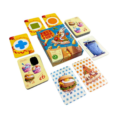 Fast Food Fury card game by Jolly Dutch with box, order cards and colourful food gameplay cards