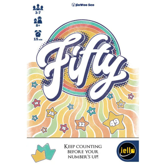 Fifty party card game box front with retro rainbow artwork and bold title design